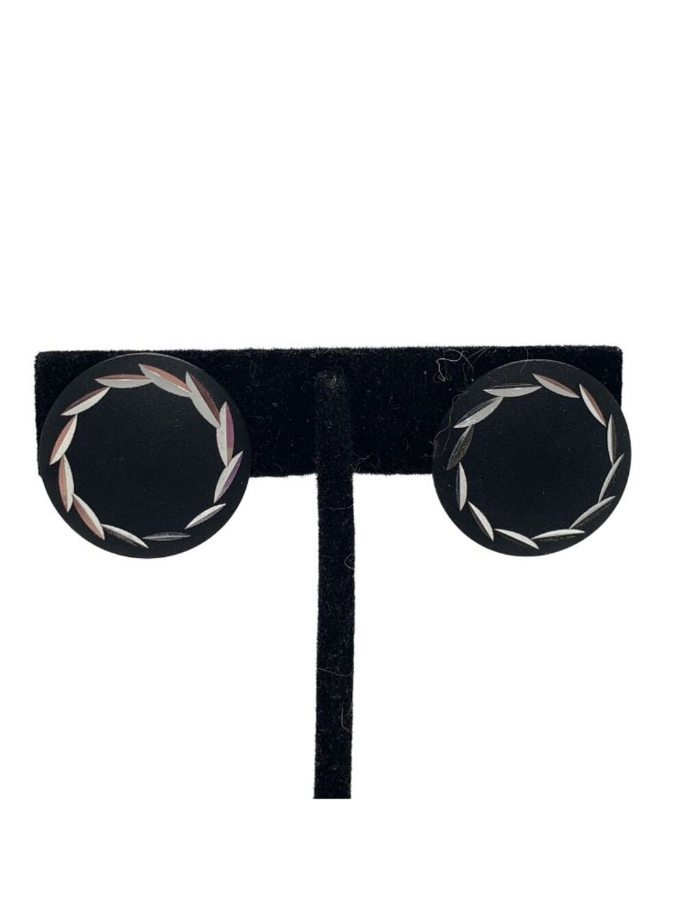 Black Round Clip-On Earrings With Silver Leaf Design Lightweight Vintage Style